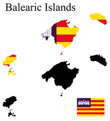 Set of maps of Balearic Islands of Spain. Flag on the map. Silhouette of the card.