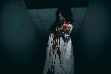 Portrait of asian woman make up ghost,Scary horror scene for background,Halloween festival...