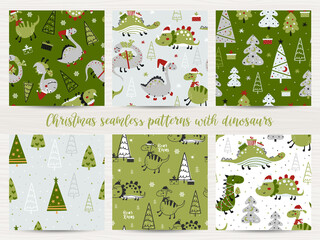 Set of christmas seamless patterns with dinosaurs.