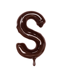 Latin letter S with drop is made of melted chocolate, isolated on white background