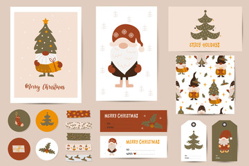 Christmas set with Christmas cards, notes, stickers, labels, tags with cute gnomes
