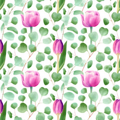 Seamless tulips flower and eucalyptus leaves pattern. Watercolor floral background in green and violet colors for textile, wrapping, decorations