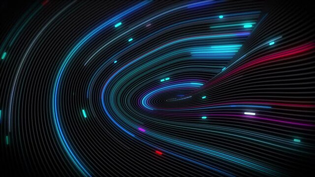 Spiral vortex streams of light on a surface with lines. Colorful and decorative backgrounds for presentations, holidays and footage. Light increasing wave movements
