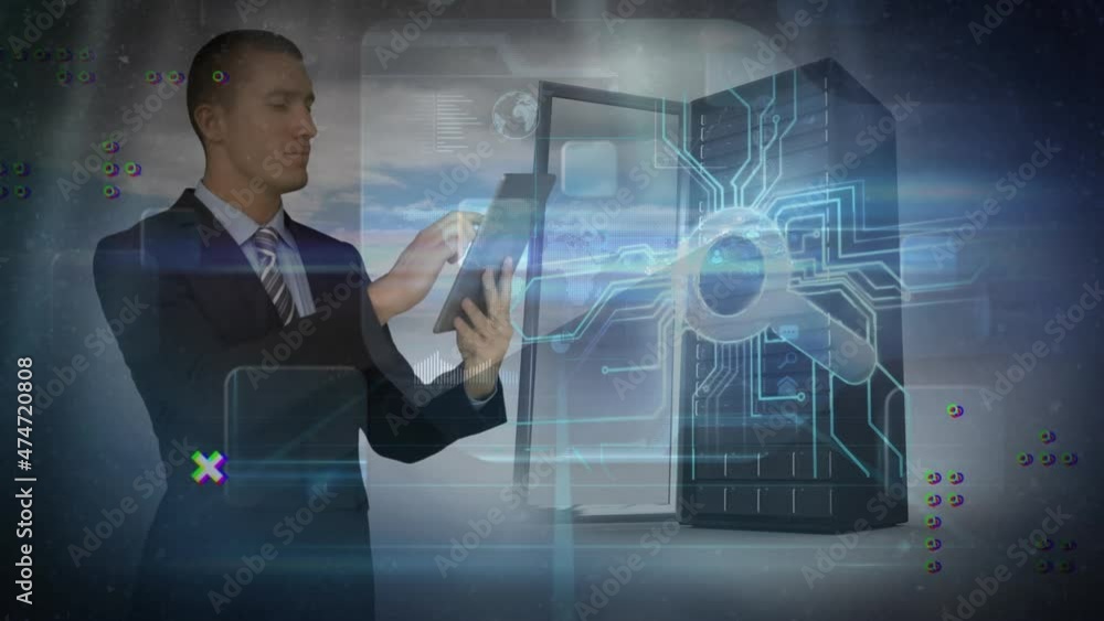 Poster animation of caucasian businessman using tablet, data processing and server over clouds