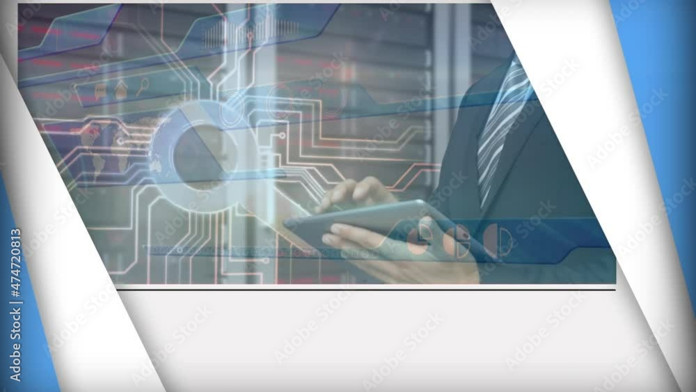 Poster animation of blue lines and processor over man using tablet