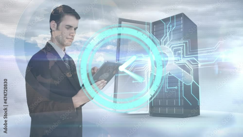 Poster animation of clock, man using tablet and server in clouds