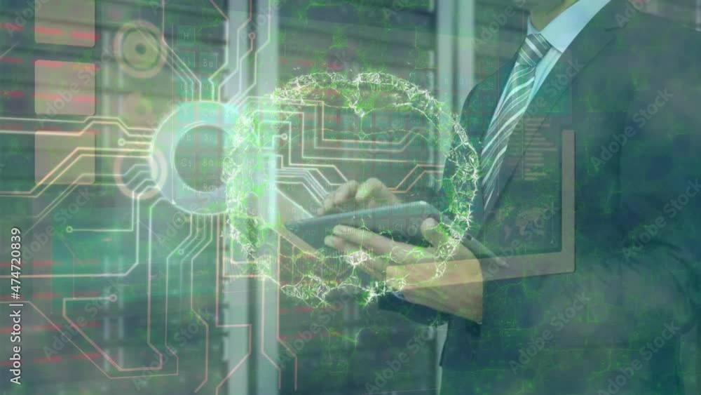 Poster animation of brain, man using tablet and processor