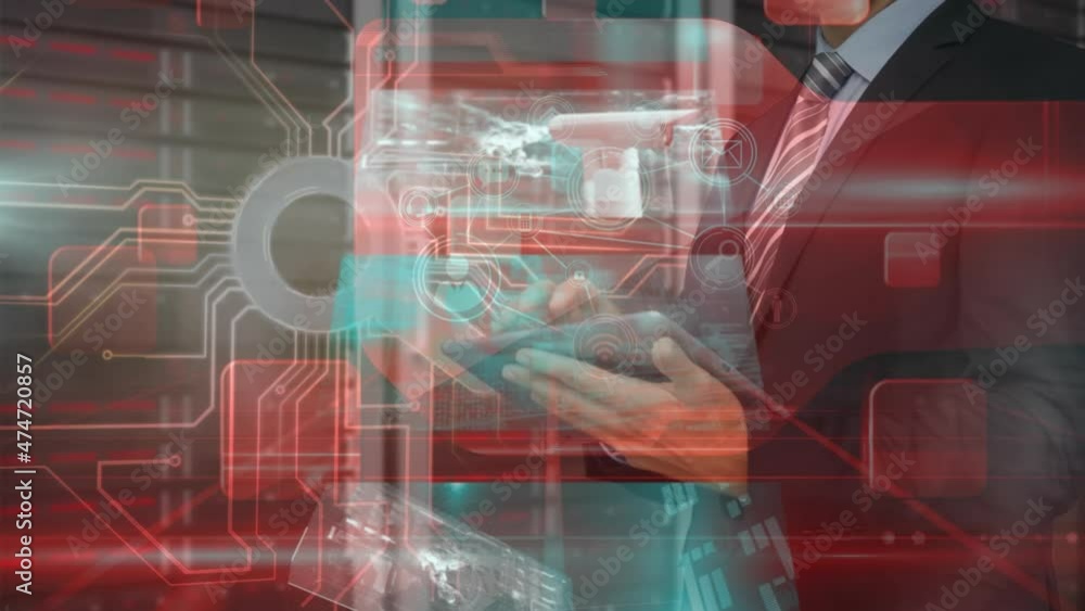 Poster animation of data on screens, man using tablet and processor