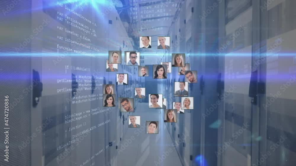Poster animation of people icons and data processing over server room