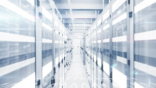 Animation of white trails and binary coding over server room