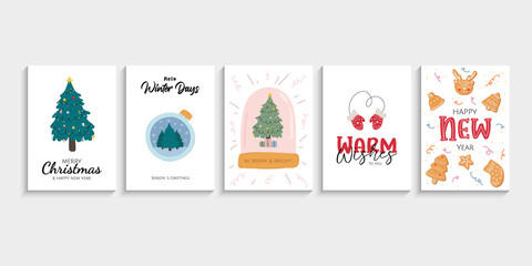 Set of five templates for event greetings cards with doodle Christmas tree, festive toy, snowball, warm winter red gloves and gingerbread cookies and wishes.