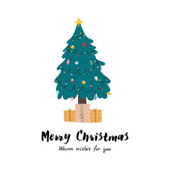 Fototapeta premium Printable template for event card with doodle Christmas tree, festive toy and gifts.