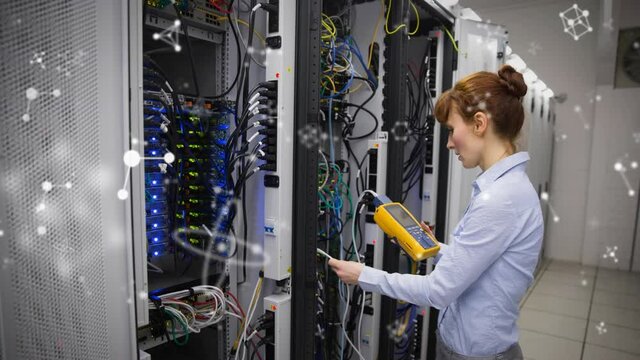 Animation of shapes moving over caucasian female worker inspecting server room