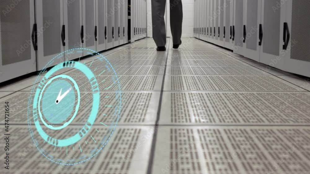 Sticker Animation of clock over person walking in server room