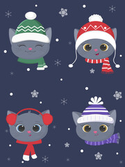 Set a collection of four cute kittens of the British breed in a winter hat and a scarf of different patterns on a blue background, snowflakes. Cartoon, flat style, vector.