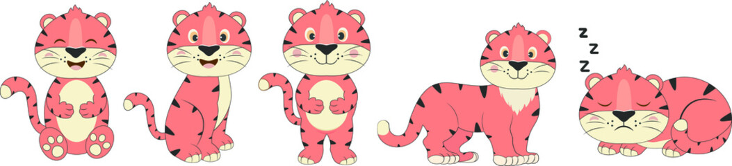Set of  tiger cubs.Symbol of 2022 year. Vector illusion