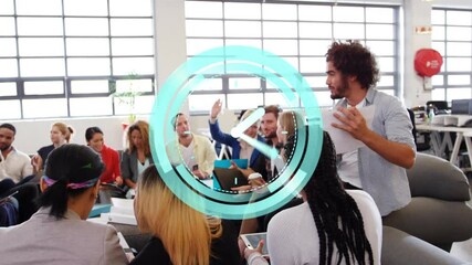 Animation of clock over diverse male and female business colleagues having meeting in office - Powered by Adobe