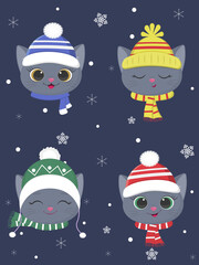 Set a collection of four cute kittens of the British breed in a winter hat and a scarf of different patterns on a blue background, snowflakes. Cartoon, flat style, vector.
