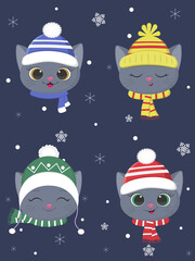 Set a collection of four cute kittens of the British breed in a winter hat and a scarf of different patterns on a blue background, snowflakes. Cartoon, flat style, vector.