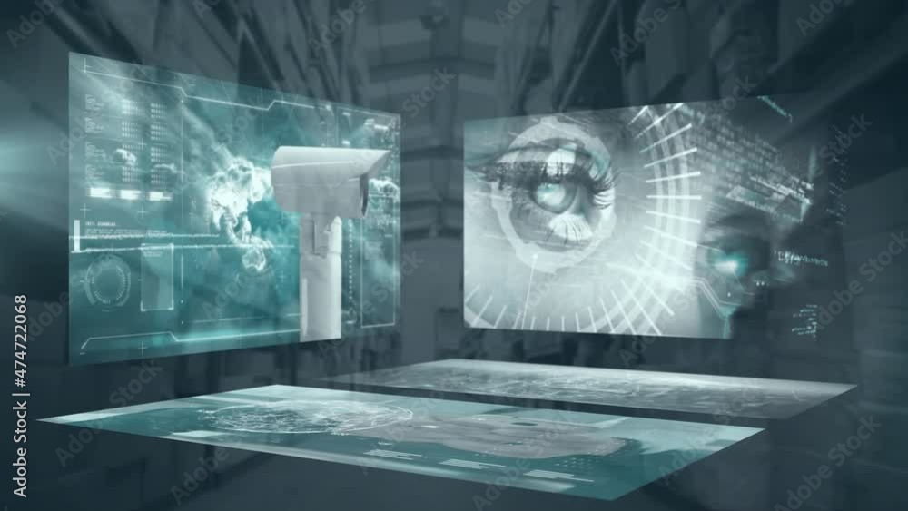 Poster animation of data on screens and security camera over warehouse