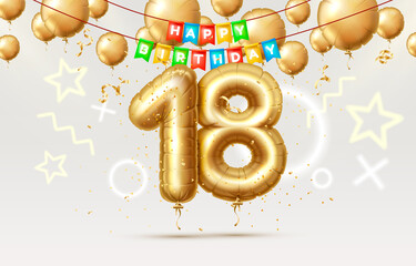 Happy Birthday 18 years anniversary of the person birthday, balloons in the form of numbers of the year. Vector - obrazy, fototapety, plakaty