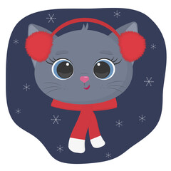 A cute kitten of the British breed is dressed in a hat and a scarf in winter. Against the background of the night sky and snowflakes.