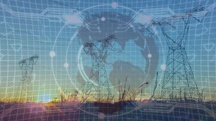 Animation of globe over landscape with electricity pylons - Powered by Adobe