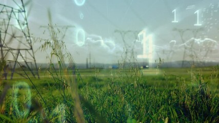 Animation of data processing and binary coding over landscape with electricity pylons - Powered by Adobe