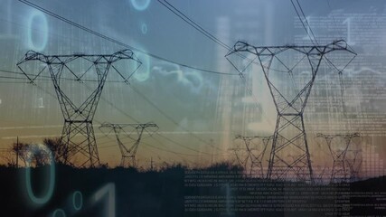 Animation of data processing and binary coding over landscape with electricity pylons - Powered by Adobe