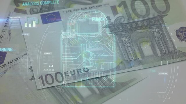 Animation of diverse data and security padlock over falling euro banknotes