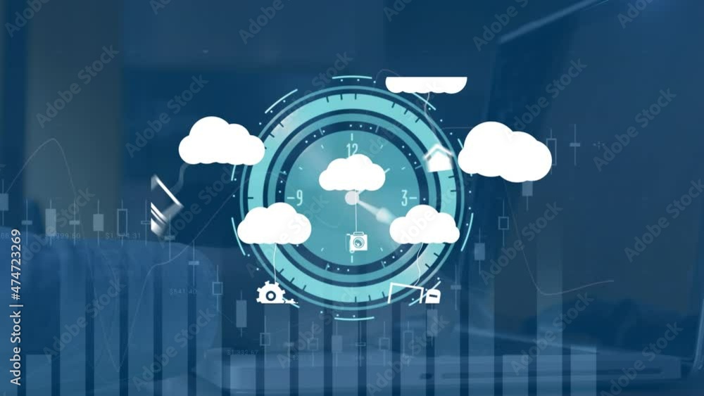 Poster animation of clouds with icons over graph and moving clock