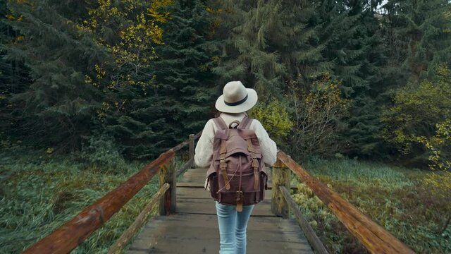 back view camera follows hipster woman in casual wear and hat with backpack Hiking in Forest in Autumn. Tourist backpacker having hike in wood, walks on old wooden bridge at mountain lake.