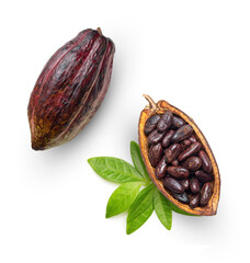 Cocoa fruit open pod with cocoa seeds with leaves isolated on white background.