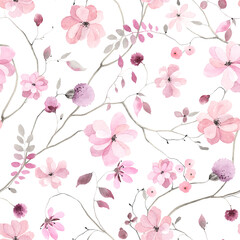 Spring seamless pattern with abstract blossom tree with delicate pink flowers and buds, watercolor illustration isolated on white background, floral print for fabric, wallpapers or wrapping paper. - 474724011