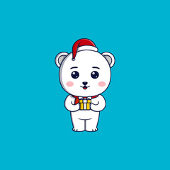 Cute polar bear wearing christmas hat and scarf holding gift box
