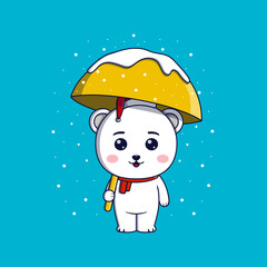 Cute polar bear wearing christmas hat and scarf holding umbrella