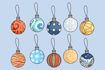 Colorful set of various balls for New Year fir-tree decoration for winter holidays. Collection of colored bulbs for Christmas tree decor. Xmas celebration, decorative element. Vector illustration. 