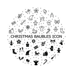 Christmas baubles and decorations flat line icons set. Celebration concept - snowflake, reindeer, candles, snowman, champagne, gifts. Simple flat vector illustration for web site or mobile app