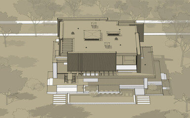 3d rendering of modern cozy house with parking and pool for sale or rent with wood plank facade.  Black line sketch with white spot and hand drawing entourage on craft background