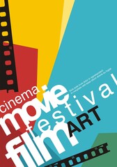 Colorful artistic poster idea for film festival with creative typography. Cinema flyer background with abstract lettering and geometric shapes. Trendy vector art movie leaflet.
