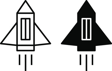 Outline rocket ship with fire, Isolated on white, Flat line icon, Vector illustration with flying rocket, Space travel, Isolated On Transparent Background.