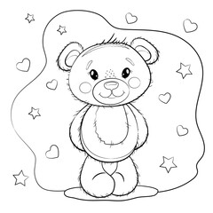 Cute Cartoon Teddy Bear outline illustration isolated on a white background with hearts and stars. Coloring book for kids.