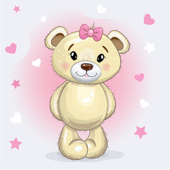 Cute Cartoon Teddy Bear Girl with a bow on isolated on a pink background with hearts and stars. Vector illustration.