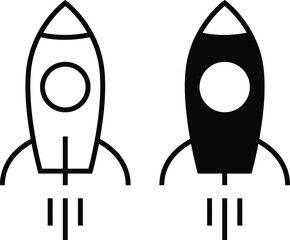 Obraz na płótnie Canvas Outline rocket ship with fire, Isolated on white, Flat line icon, Vector illustration with flying rocket, Space travel, Isolated On Transparent Background.