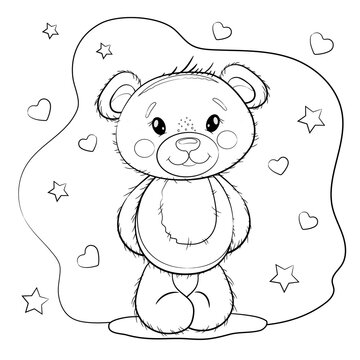 Cute Cartoon Teddy Bear outline illustration isolated on a white background with hearts and stars. Coloring book for kids.