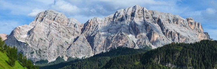 The peaks of Sas dla crusc, One of the many mountain groups of the Dolomites within the Unesco heritage area, Near the town of La villa, Italy - August 2021 - obrazy, fototapety, plakaty