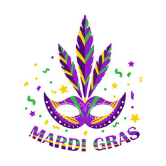 Obraz premium Mardi Gras Party Mask Poster. Mask with feathers isolated on white background. Carnival masquerade template for your design. Vector illustration