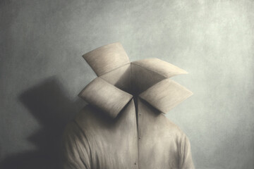 Illustration of surreal man with open paper box over his head, surreal concept