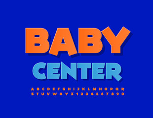Vector colorful Emblem Baby Center. Trendy Bright Font. Creative Alphabet Letters and Numbers set