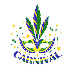 Obraz premium Brazilian Carnival Party Mask Poster. Mask with feathers isolated on white background. Carnival masquerade template for your design. Vector illustration